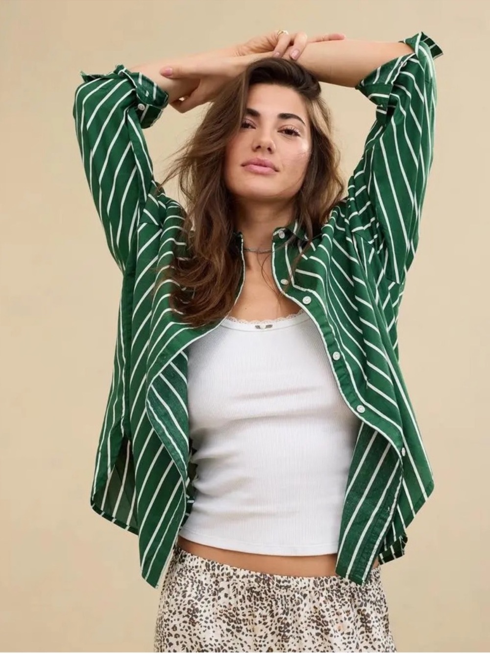 Aerie Green Striped Button-Down Shirt